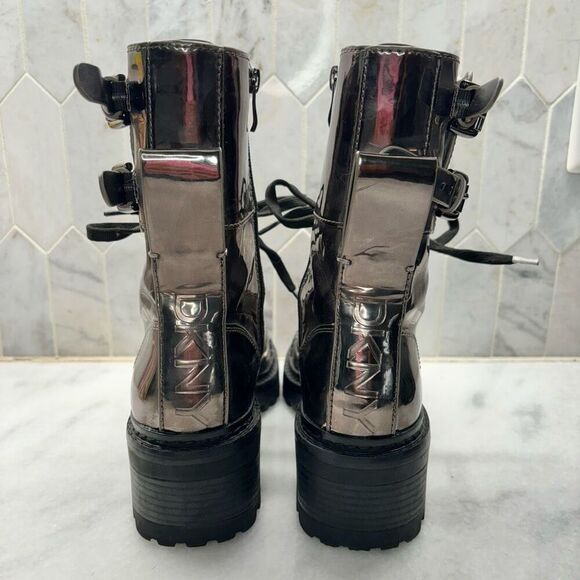 DKNY Metallic Gunmetal Double Buckle Chunky Lug Sole Bart Combat Boots Silver 7 - Picture 5 of 9